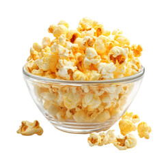 Fresh Popcorn in a Glass Bowl isolated on transparent white background, clipping path