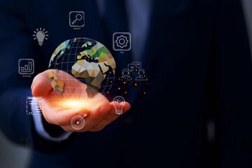 A person's hand cradles a digital holographic globe, representing technology and innovation, in a modern business setting, where digital transformation and global connectivity converge.