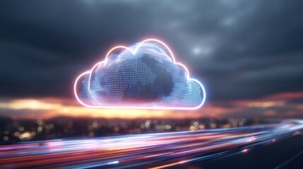Digital cloud computing symbol hovering over a futuristic cityscape at dusk with light trails