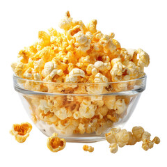 Fresh Popcorn in a Glass Bowl isolated on transparent white background, clipping path