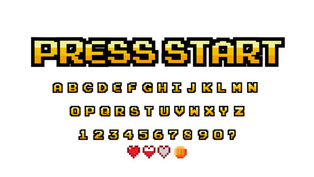 Pixel video game 8 bit font. shadow effect. Set of retro style latin capital letters and numbers. Vector illustration font.