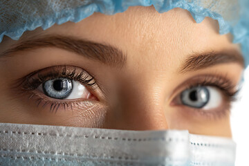 Close up of a female doctor's eyes, wearing a surgical mask and cap.