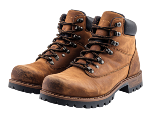Worn Rustic Leather Work Boots with Thick Lug Sole and Lace-Up Eyelets, Industrial Rugged Style Isolated on Transparent Background