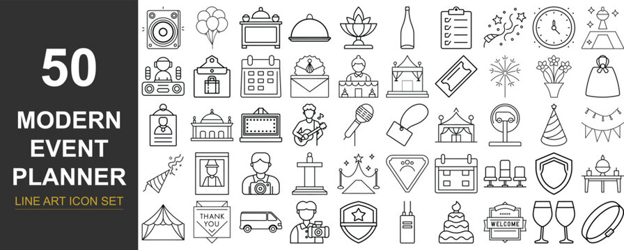 Modern Line Art Icons for Event Planning and Party Management – 50 Black Outline Vectors for Festive Design, Invitations, Social Media & Marketing Use