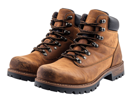 Worn Rustic Leather Work Boots with Thick Lug Sole and Lace-Up Eyelets, Industrial Rugged Style Isolated on Transparent Background