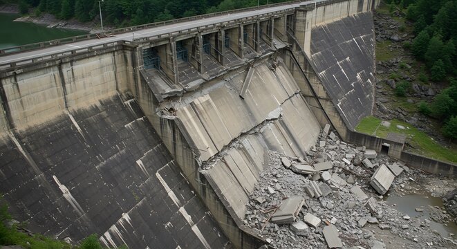 Damaged concrete dam infrastructure with road on top and debris on riverbed aerial view landscape