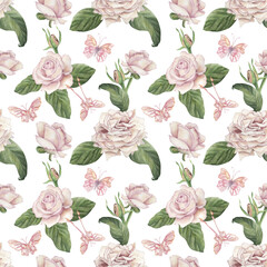 Seamless pattern with roses, pink-peach color, green leaves, buds, butterflies. Watercolor illustration is hand-drawn with watercolors in botanical style, pastel shades. For wallpaper design, textiles