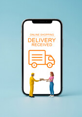 The customer is holding a parcel box that he just received. Miniature People