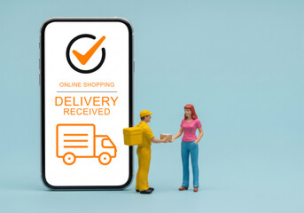 The customer is holding a parcel box that he just received. Miniature People