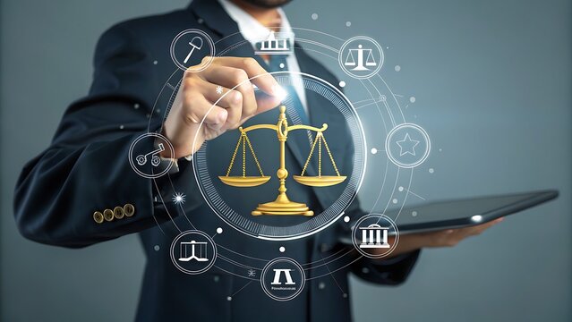 Conceptual Business Professional Navigating Law and Order with Digital Technology for Justice and Ethical Governance Insights. - Powered by Adobe