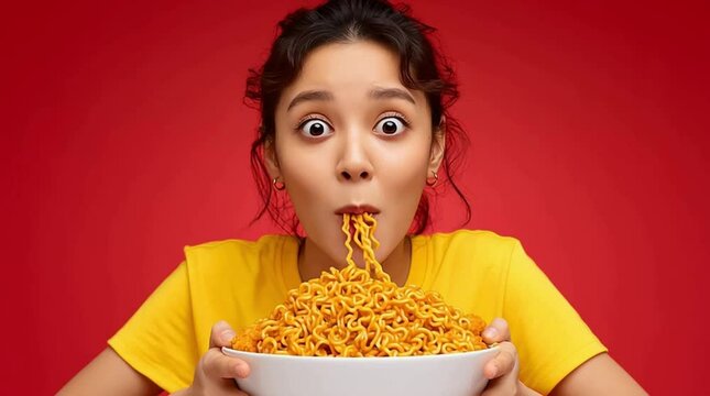 Expressive young woman devouring a large bowl of instant noodles on a vibrant red background.