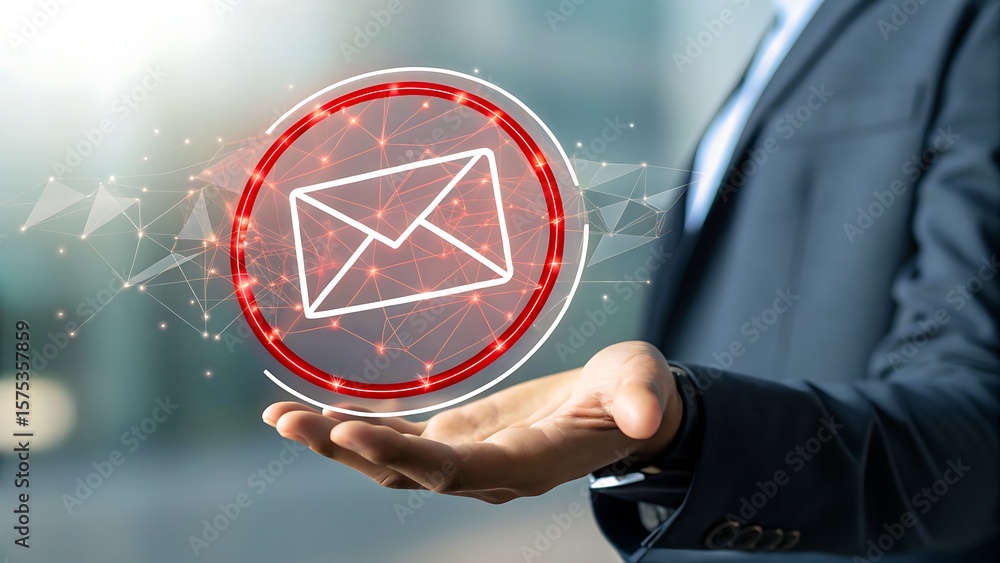 Poster conceptual email presentation: man holding digital envelope icon with network connectivity in hand, 
