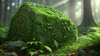 Ancient moss covered stone with Celtic knot carving in a lush green forest nature