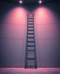 Ladder against a wall, illuminated by dual spotlights in purple tones