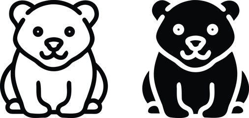 Cute Bear Icon Set – Black and White Cartoon Animal Vector Illustration