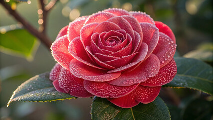 Close up of a red camellia flower covered in dew drops in soft morning light water droplets