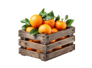 Fresh oranges in rustic wooden crate isolated on black background, On Transparent Background, Png