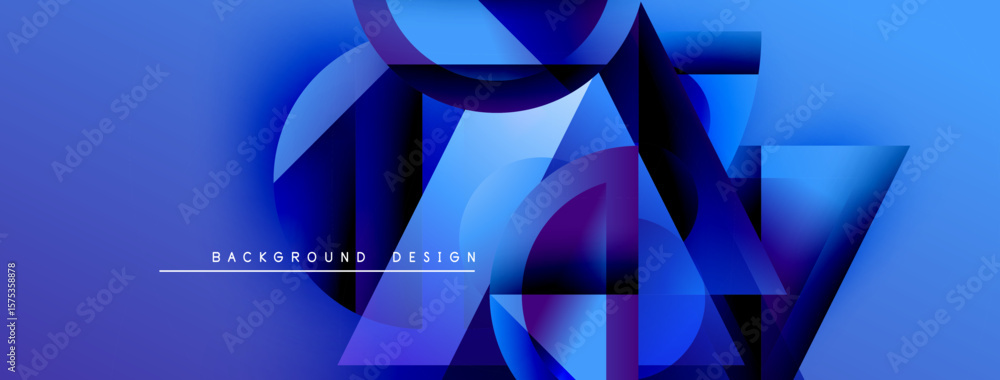 Poster abstract blue shapes overlap, creating dynamic visual effect. gradient colors suggest depth, modern 