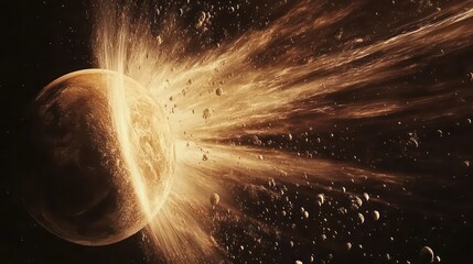Planetary Collision: A celestial body impacted by asteroid debris in deep space