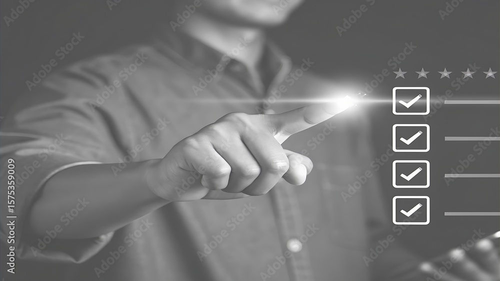Poster digital checklist interaction: person using touchscreen to complete an evaluation form with star rat