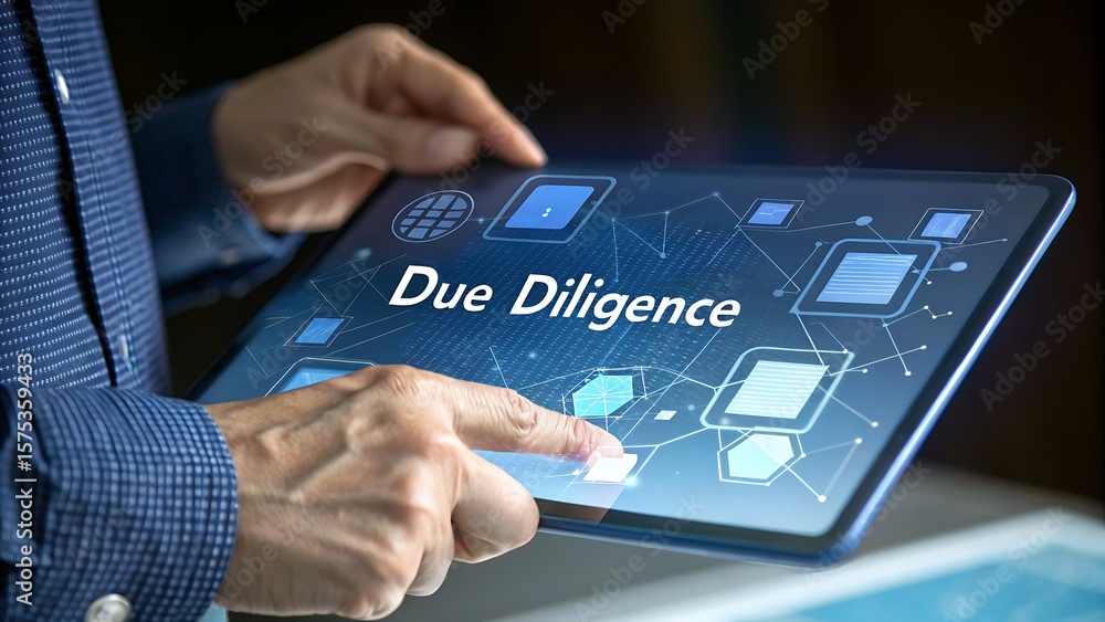 Poster digital investigation: tablet displaying due diligence with abstract icons, focusing on business ana