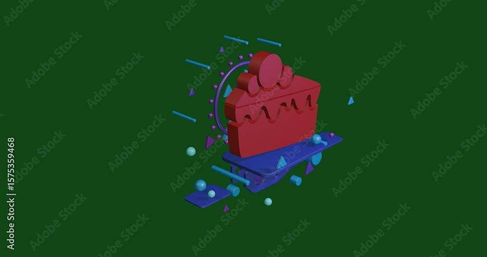 Poster red piece of cake symbol on a pedestal of abstract geometric shapes floating in the air. abstract co