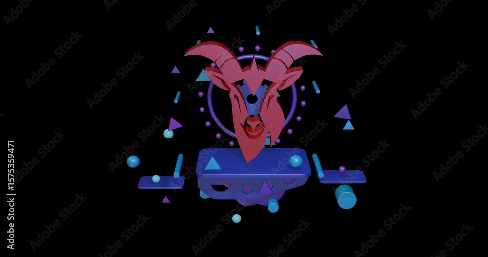 Poster red goat head symbol on a pedestal of abstract geometric shapes floating in the air. abstract concep