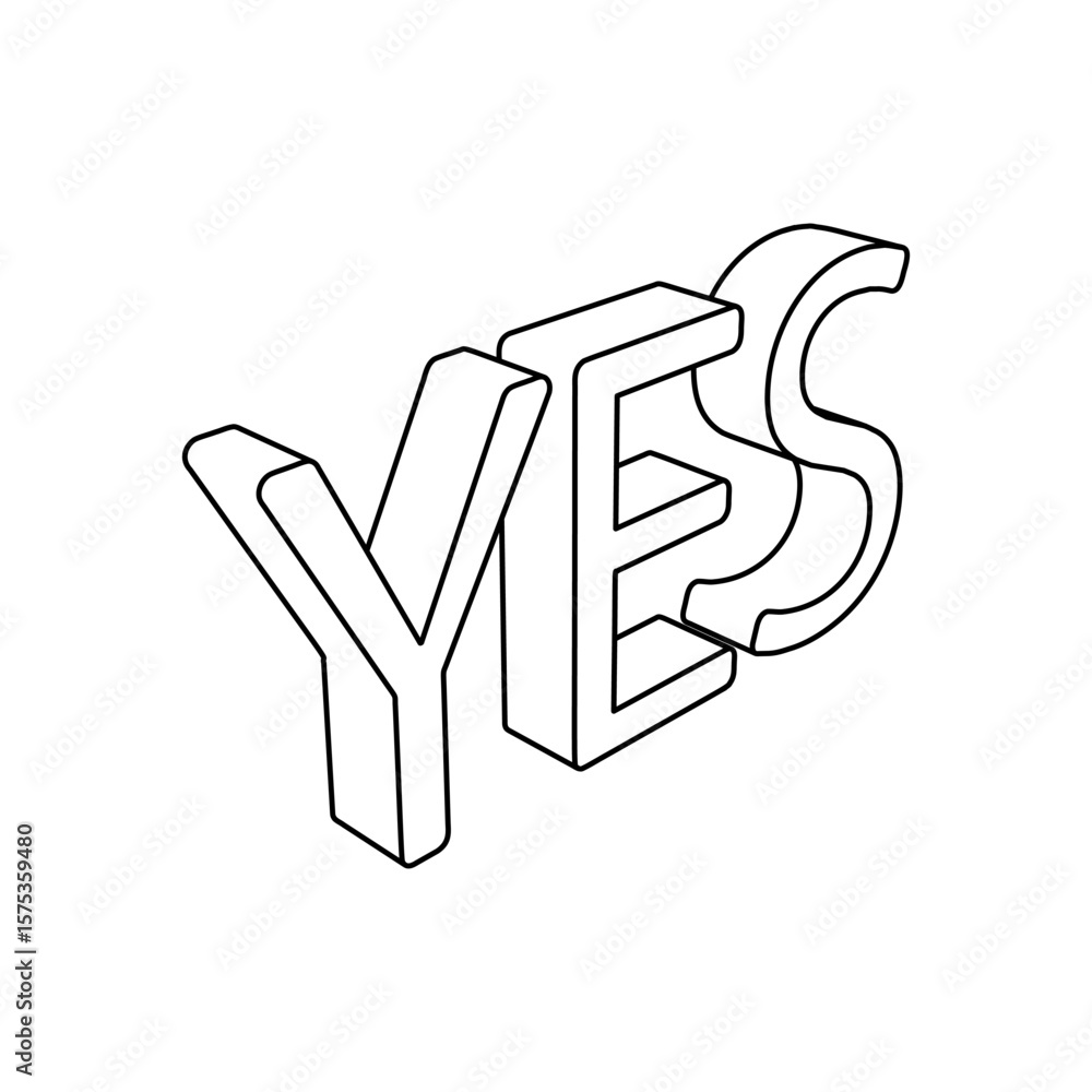 Poster the outline of a large yes symbol is made with black lines. 3d view of the object in perspective. ve