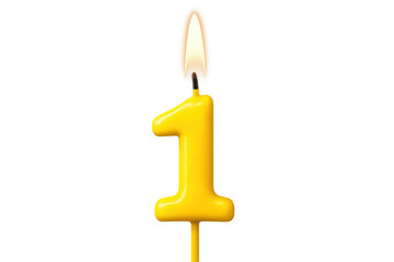 Burning yellow number one birthday candle glowing brightly against a transparent background, symbolizing celebration and joyful milestones