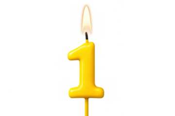 Burning yellow number one birthday candle glowing brightly against a transparent background, symbolizing celebration and joyful milestones