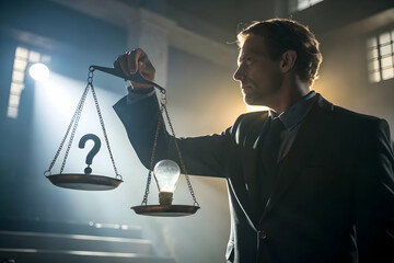 Balancing Idea and Uncertainty: A thoughtful businessman contemplates a decision, holding scales of justice with a question mark and a lightbulb symbolizing uncertainty and a new idea.
