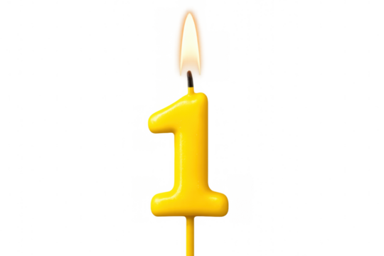 Burning yellow number one birthday candle glowing brightly against a transparent background, symbolizing celebration and joyful milestones