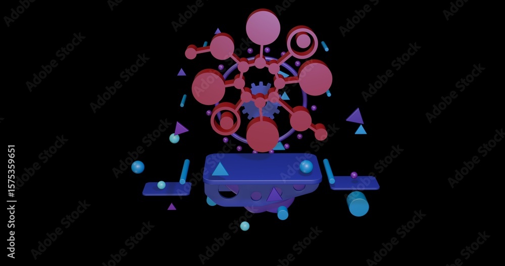 Poster red molecule symbol on a pedestal of abstract geometric shapes floating in the air. abstract concept