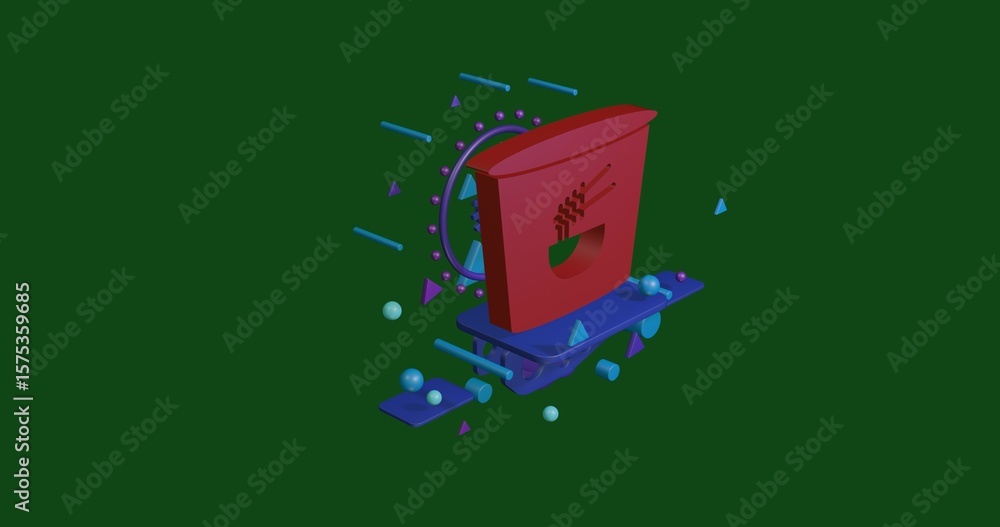 Aufkleber red instant noodles symbol on a pedestal of abstract geometric shapes floating in the air. abstract 