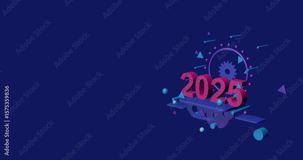 Poster pink 2025 year symbol on a pedestal of abstract geometric shapes floating in the air. abstract conce