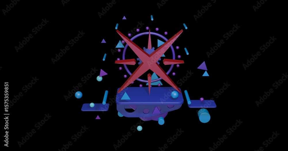 Poster red star symbol on a pedestal of abstract geometric shapes floating in the air. abstract concept art