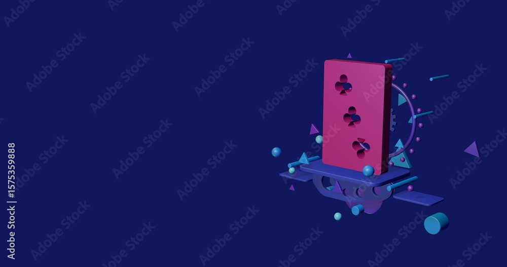 Poster pink three of clubs playing card on a pedestal of abstract geometric shapes floating in the air. abs