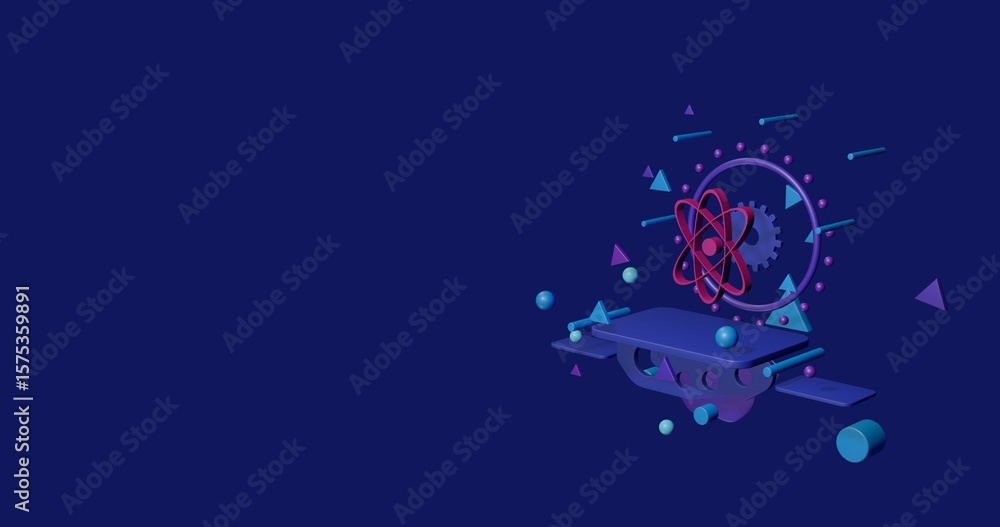 Poster pink atomic symbol on a pedestal of abstract geometric shapes floating in the air. abstract concept 