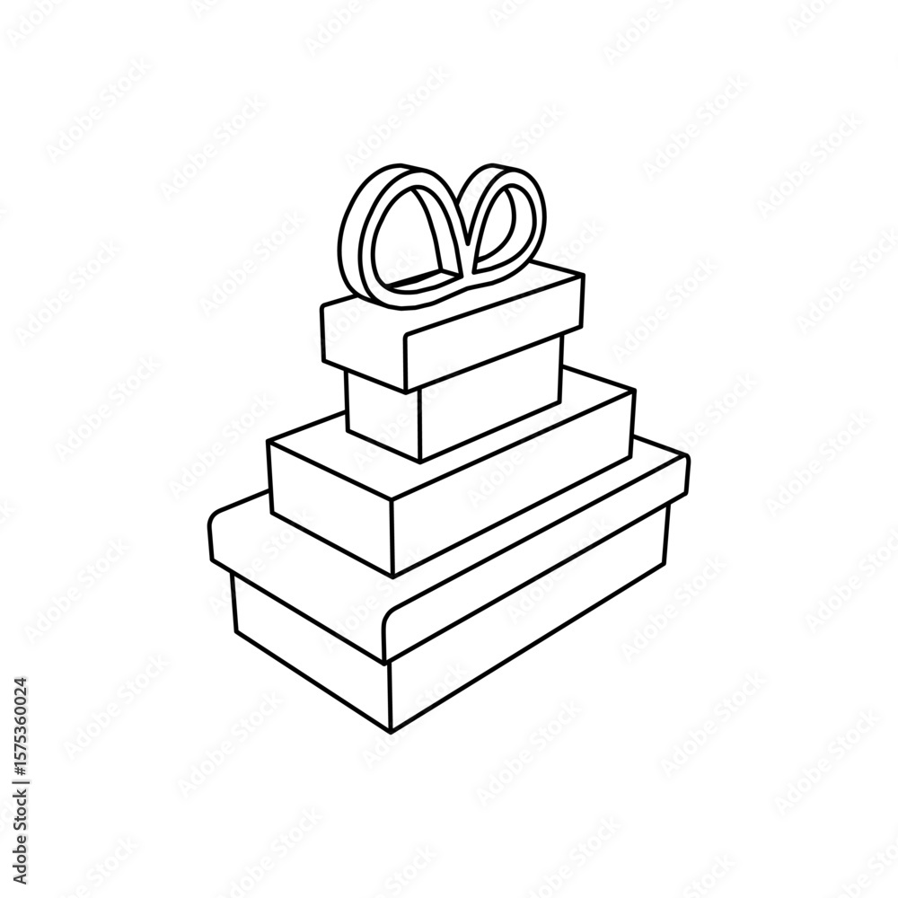 Poster the outline of a large set of gifts is made with black lines. 3d view of the object in perspective. 