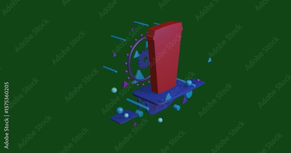 Poster red paper coffee cup on a pedestal of abstract geometric shapes floating in the air. abstract concep