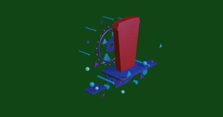 Red paper coffee cup on a pedestal of abstract geometric shapes floating in the air. Abstract concept art with flying shapes in the center. 3d illustration on green background