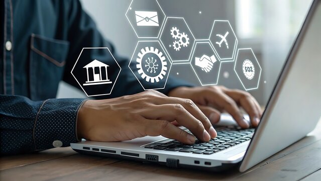 Digital Transformation: Business Professional using Laptop with Innovative Technology and Connection Icons for Collaboration and Productivity.