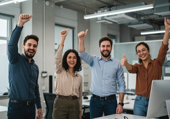 team celebrating with thumbs up in bright modern office