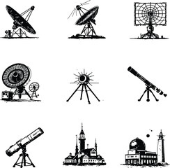 Whimsical Astronomy & Observatory Icon Poster Featuring 9 Distinct Black Silhouettes in a 3&times;3 Grid Includes Multiple Telescope Types: Radio, Reflecting, Refracting, Solar, and Classic Dome-Style 