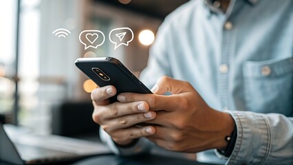 Fototapeta premium Engaged individual interacts using a mobile device and displayed communication icons, conveying connection and online interactions.