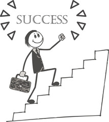 business stickman climbing stairs to success doodle sketch illustration, motivation concept hand drawn vector, goal achievement, leadership, growth mindset