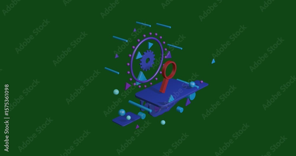 Aufkleber red magnifier symbol on a pedestal of abstract geometric shapes floating in the air. abstract concep