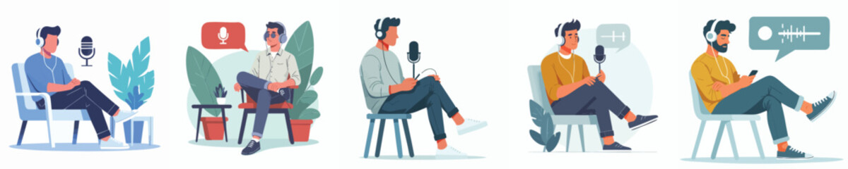 Men Recording Podcasts or Listening to Audio with Headphones – Modern Flat Vector Design