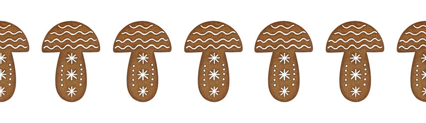 Gingerbread mushrooms holiday seamless border. Hand drawn illustration for holiday packaging gifts invitations and menus