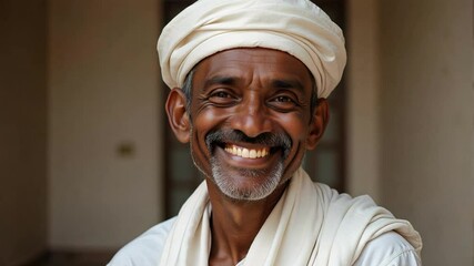 Maharashtrian Man in Traditional Dhoti and Gandhi Topi Smiling at Camera | Cultural Indian Portrait in 4K Ultra HD Ethnic Video Footage